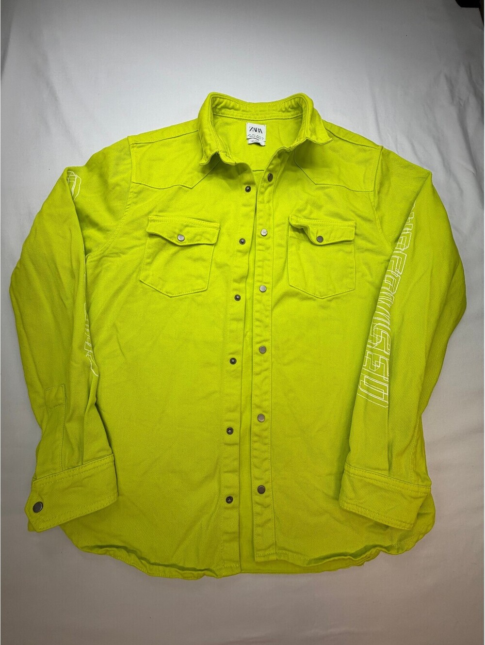 Zara Men's Denim Jacket Button Down Flap Pockets Cotton Size Large Neon Green